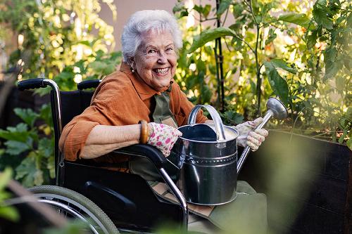 older lady in wheel chair, holding watering can in garden